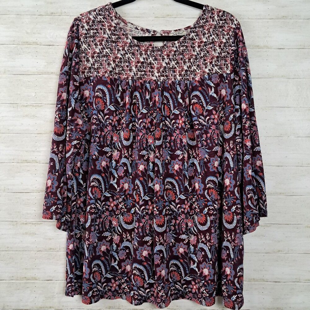 Lucky Brand Floral Smocked Blouse Top Boho 2X